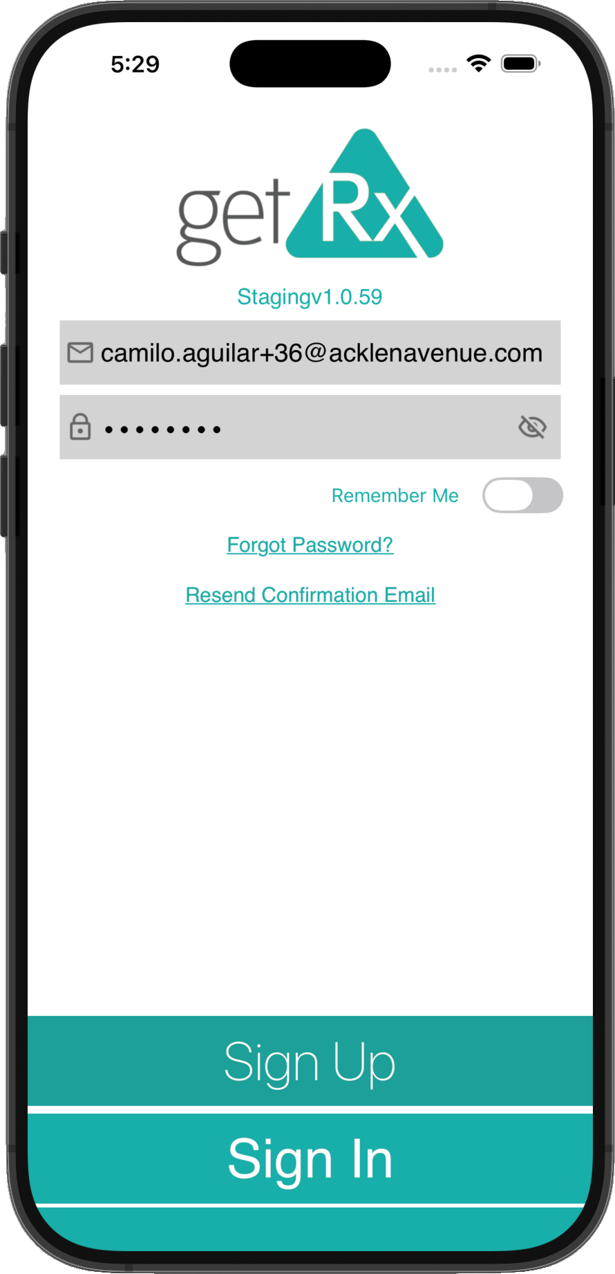getRx login screen