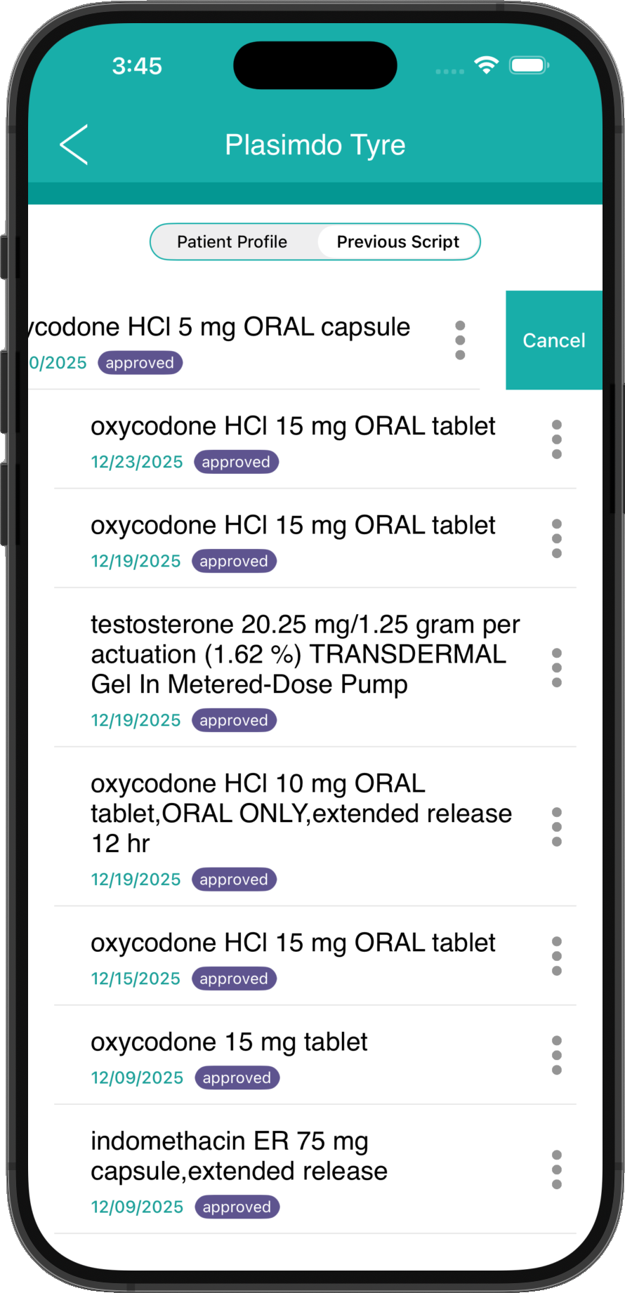 Patient Rx history with cancel option