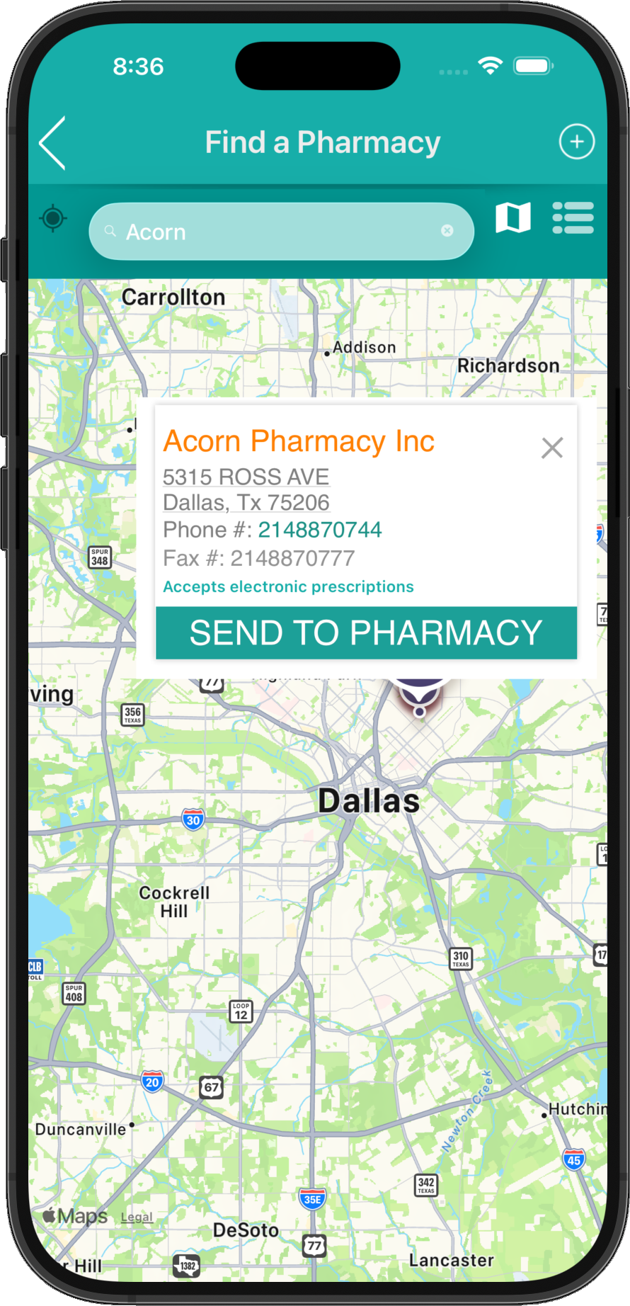 getRx — pick a pharmacy from the map for an EPCS prescription
