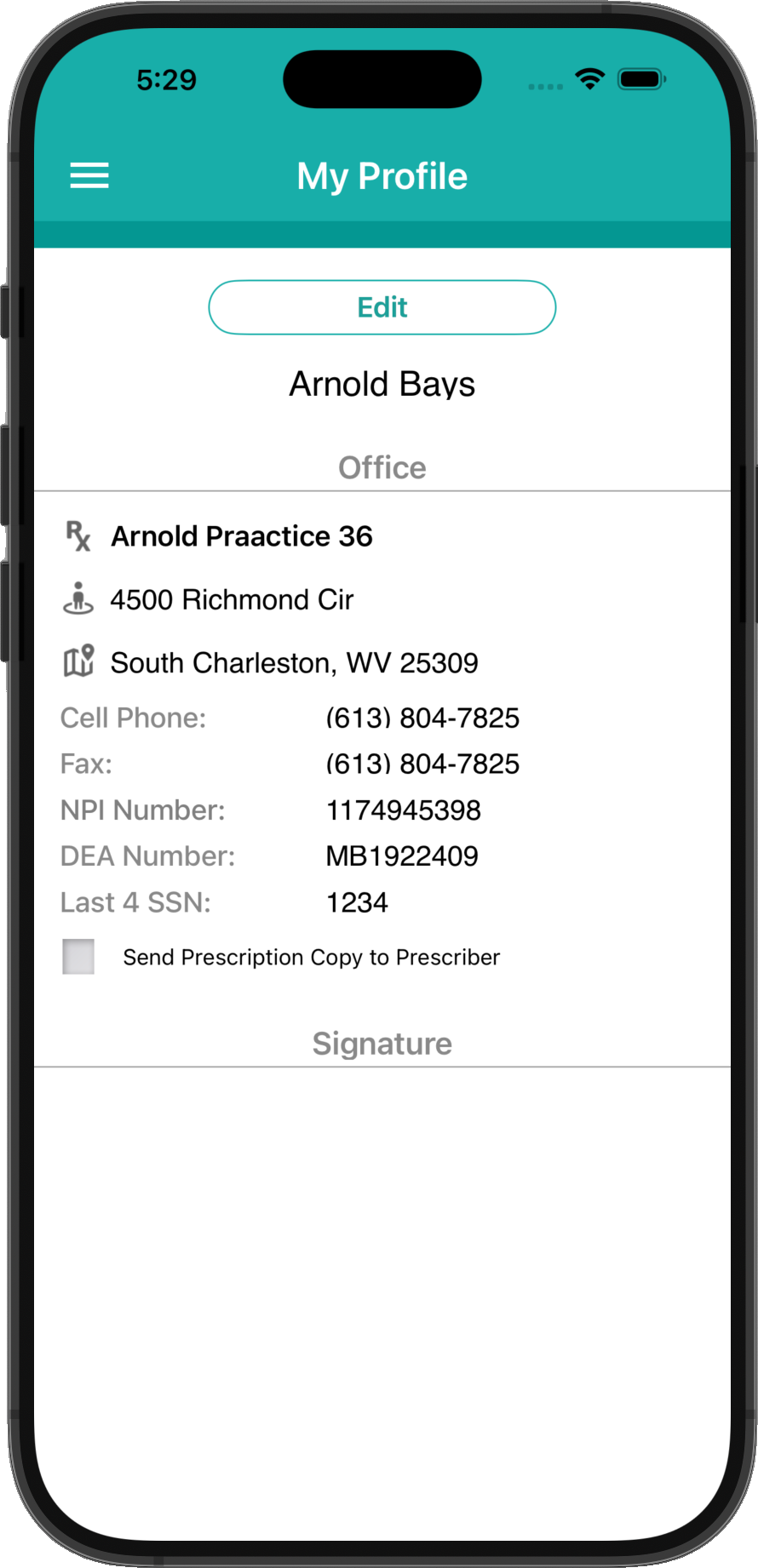 My Profile — DEA, NPI, signature